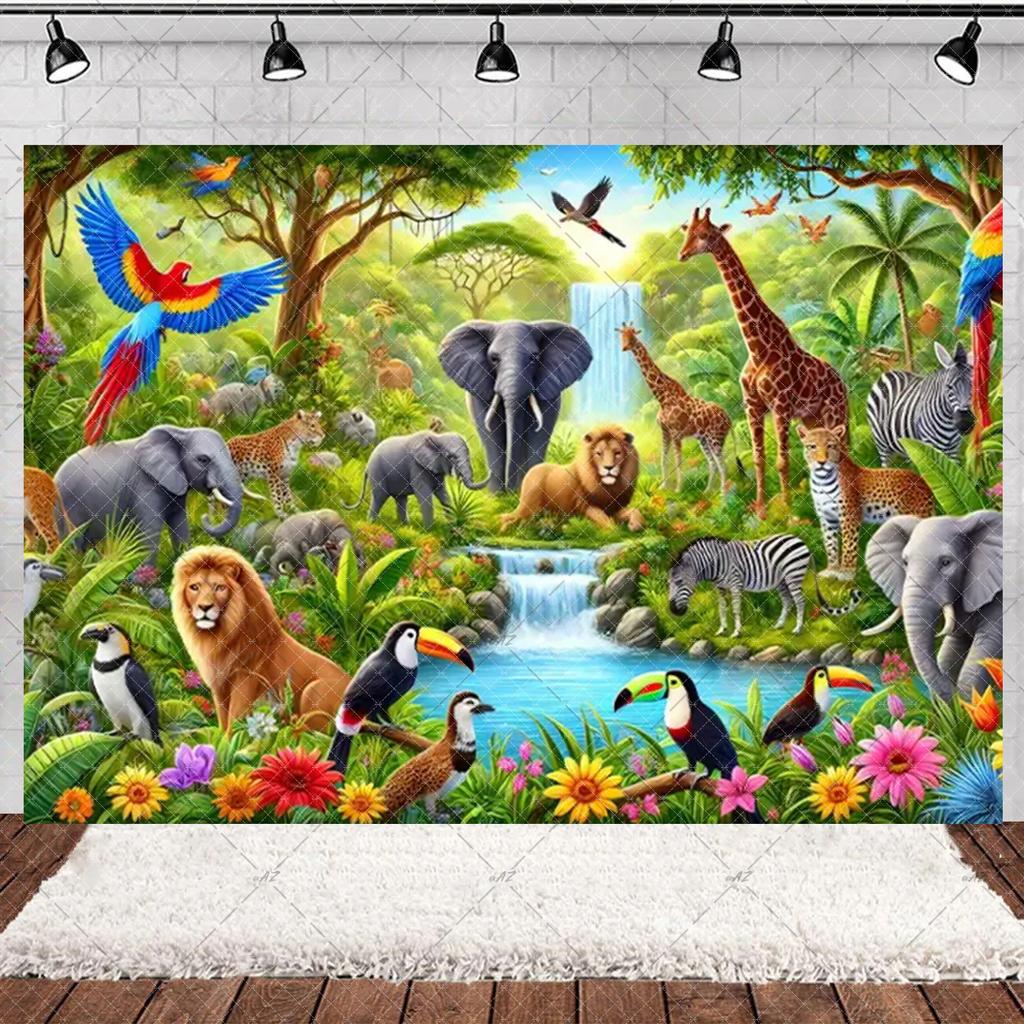 Jungle Wildlife Lion Giraffe Theme Banner Background, Children's Birthday Party, Home Decoration Photography Studio Background