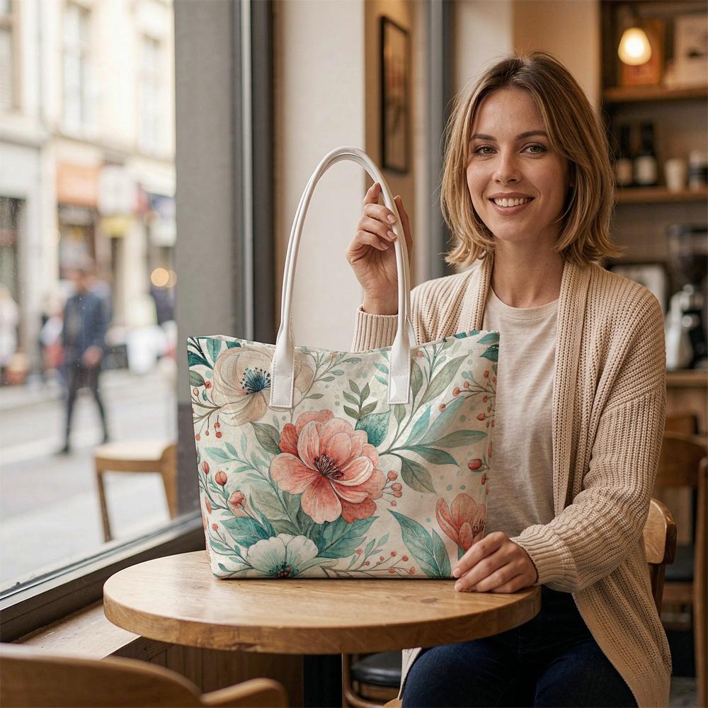 Vintage Floral Print Women's Casual Tote Bag Large Capacity Daily Portable Shoulder Handbag For Shopping Travel