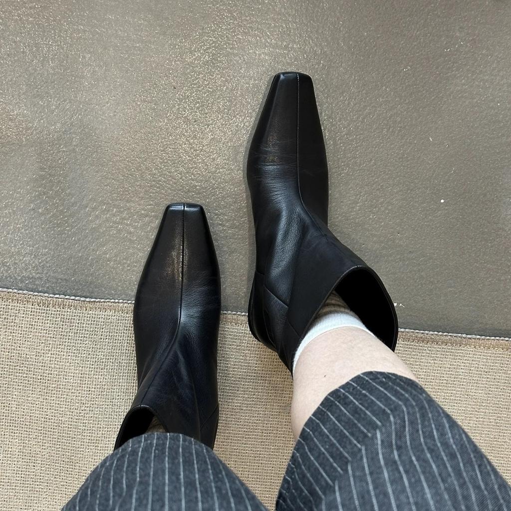 Cowhide Version~ Korean Version of Thin and Versatile Square Head Thick Heel Martin Boots Sleeve Thin Boots Short Boots Women's Chelsea Boots