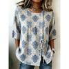 Women's Vintage Damask Floral Print Drawstring Button Up Blouse, Casual Round Neck Tops for Spring Summer Daily Vacation Wear