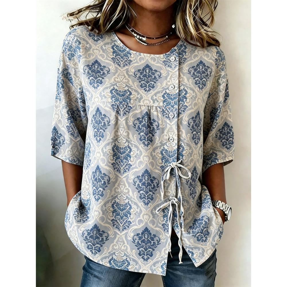 Women's Vintage Damask Floral Print Drawstring Button Up Blouse, Casual Round Neck Tops for Spring Summer Daily Vacation Wear