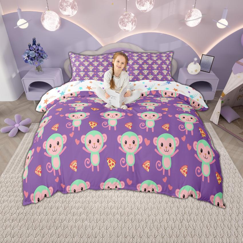 Homewish Cartoon Monkey Duvet Cover Set For Kids Woodland Wildlife Quilt Cover Set Cute Animal Bedding Set