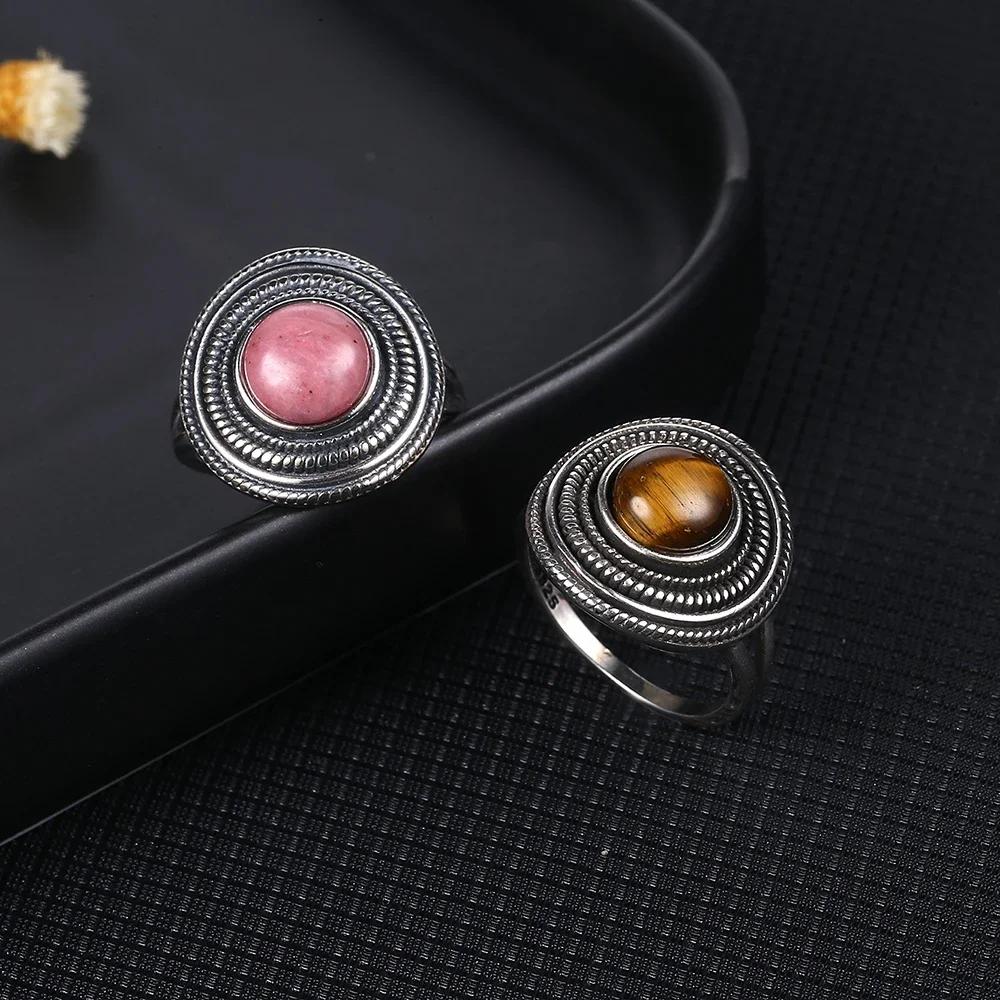 Runde 8MM Natürlicher Rhodochrosit S Silber Fein Geschenk Labradorit Tigerauge Ringe für Frauen Verlobungsring