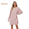 Herbst Frühling Kleid Faden Einfarbig Lose Brust Tasche Lange Ärmel O Hals Pullover Knie Länge Pendeln Dating Midi Kleid