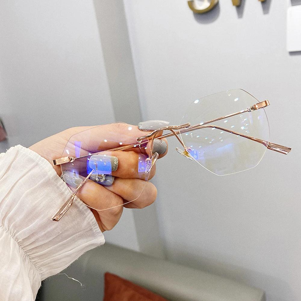 

Fashion Rimless Reading Glasses Women Retro Anti-blue Light Computer Eyeglasses Transparent Lens Vintage Metal Polygon Spectacle розового золота