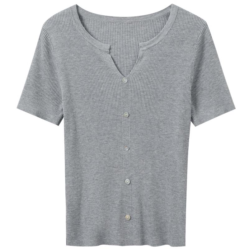 Sancai Women's Lyocell Blend V-Neck Slim Fit Knit Short Sleeve Top