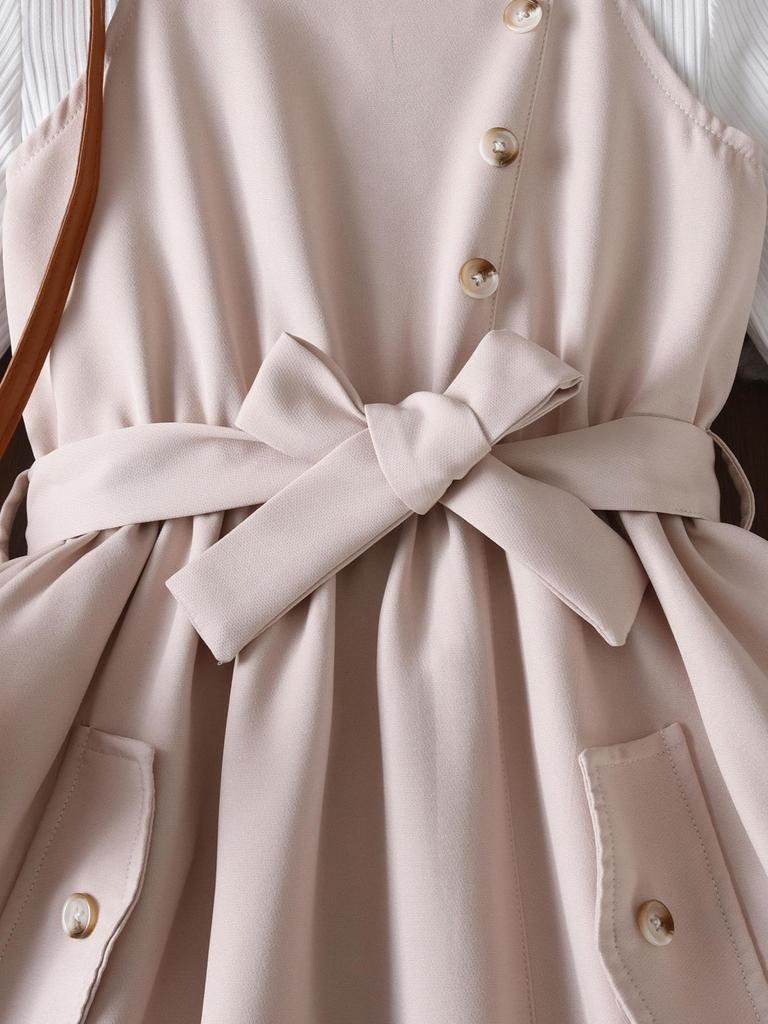 Autumn Children's Set: Ribbed Long-Sleeve Top & Beige Waist-Belt Overalls Skirt