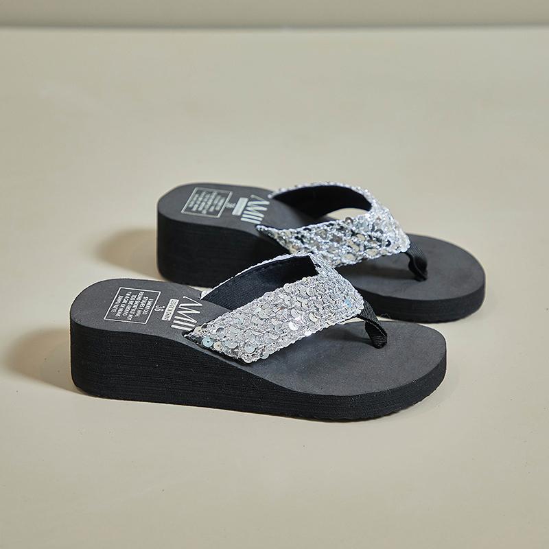Women s Glitter Wedge Flip Flops Thick Sole Beach Sandals Comfortable Non-Slip Summer Footwear 36