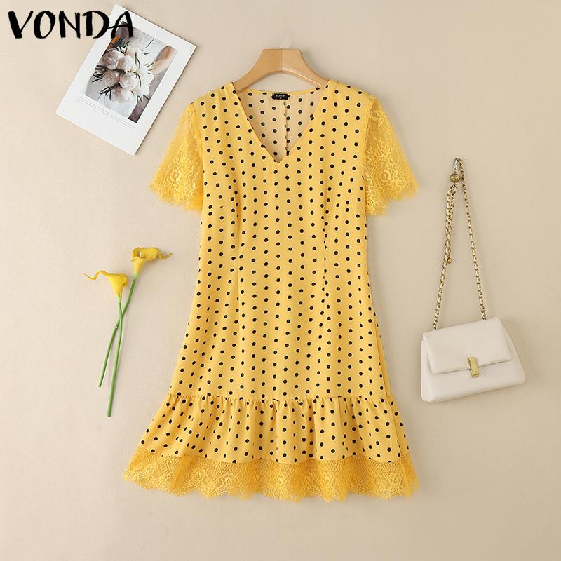 

VONDA Женское летнее платье мини с V-образным вырезом, короткими рукавами, в горошек, с кружевной отделкой по подолу, повседневное 3XL