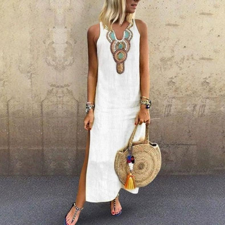 Codzienna Luźna Bawełniana Lniana Boho Seksowna Bez Rękawów Głęboki Dekolt V Rozcięcie z Boku Sukienka Wygodna Lekka Elegancka Wysoka Rozpoznawalność Wyszczuplający Krój