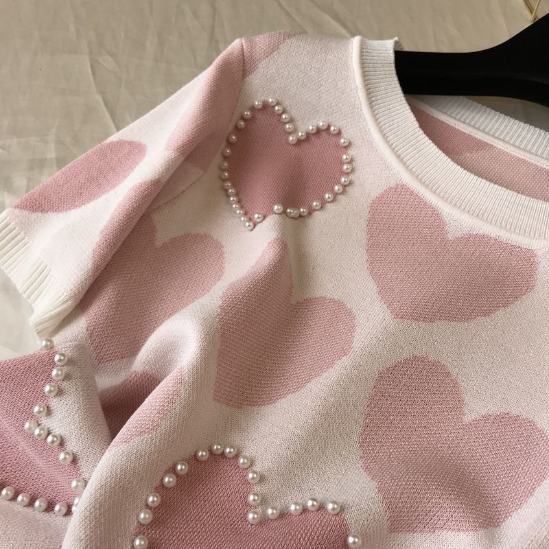 Faision Boncuklu Kalp Şekli Kısa Kollu Kazak + Elastik Bel Pantolon Kadın Tatlı 2 adet Takım Elbise Bayanlar Yaz Giyim Seti