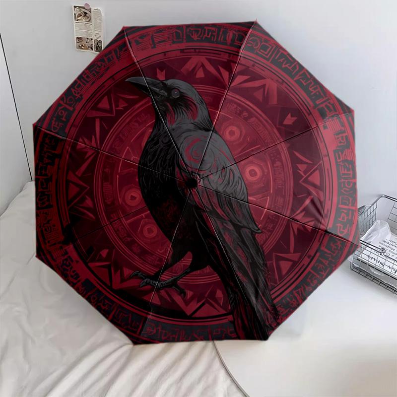 Rune Raven pattern, automatic folding umbrella, portable and foldable design, 8 ribs, a Christmas or birthday gift.