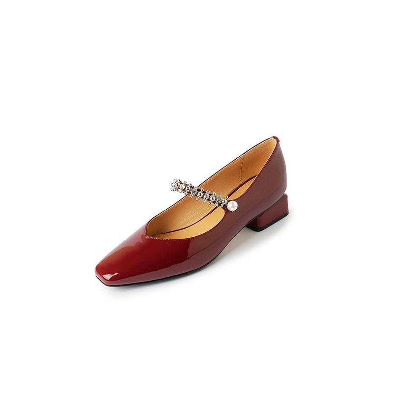 

Женские туфли-лодочки из натуральной кожи, элегантные женские туфли Мэри Джейн с ремешком из овчины и жемчуга, бордовые одинарные туфли-лодочки 34-39 34