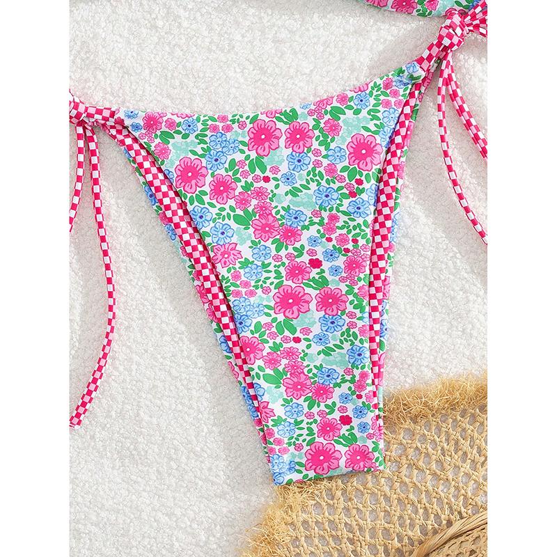 Sexy Pink Floral Print Micro Bikini Women Pleate Cross Push Up Bra Triangle Swimsuit Beach Bathing Suit Holiday Swimwear