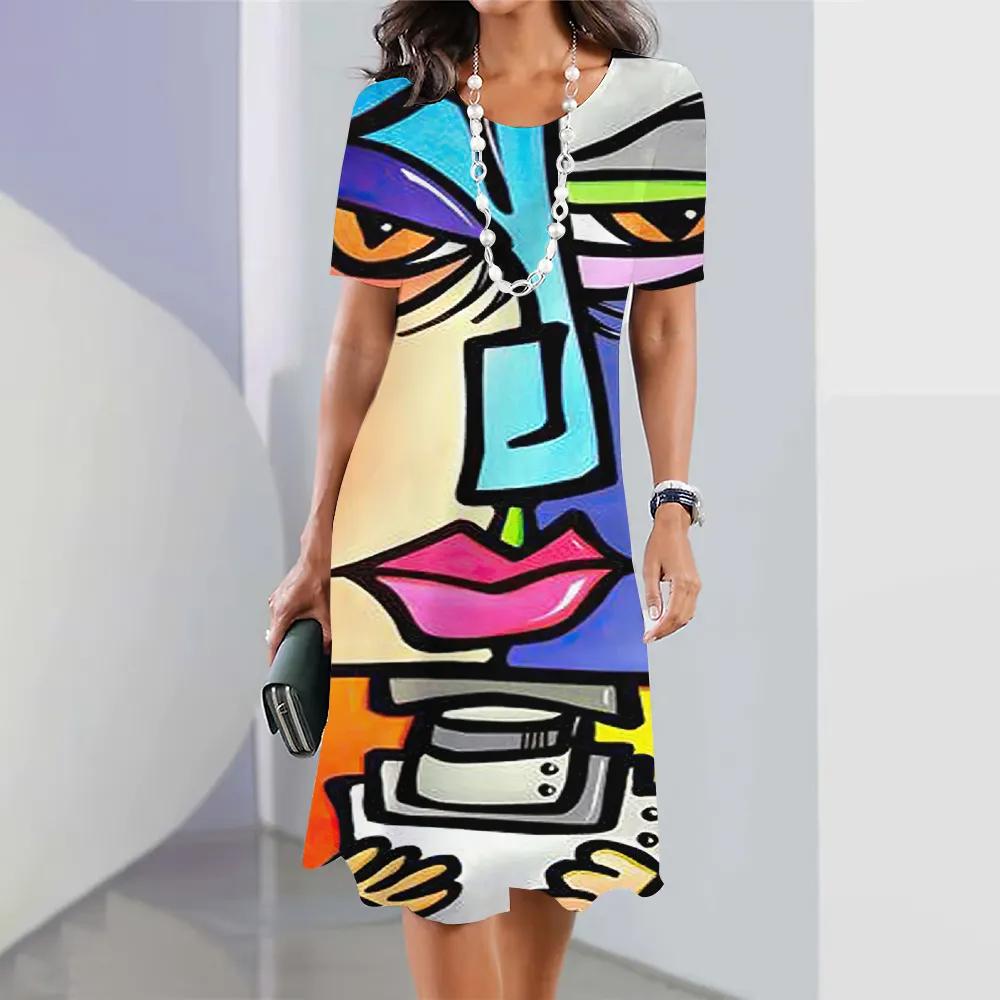 2026 New Summer Fashion Women's Short-sleeved Loose Dress Ladies Holiday Casual Loose Round Neck Dress 3d Facial Printing Clothes