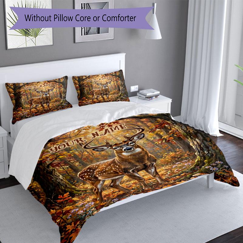 3PC Custom Name Autumn Forest Deer Majesty Bedding Set Duvet Cover Closure Includes 1 Duvet Cover & 2 Pillowcases for Bedroom