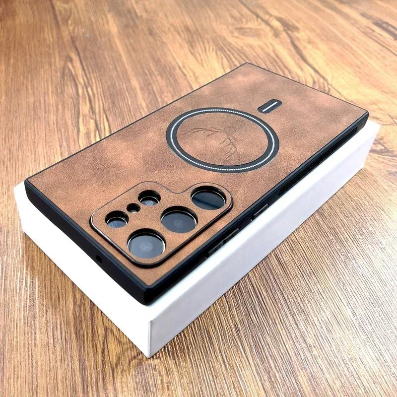 Luxury Retro Deer Embossing Leather For Magsafe Case For Samsung Galaxy S25 S24 S23 S22 S21 Ultra Plus FE Note20 S25Plus S24FE
