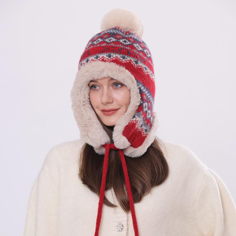 Wool Hat Women's New Winter Jacquard Knitted Hat Warm and Cold Ear Protection Hairball
