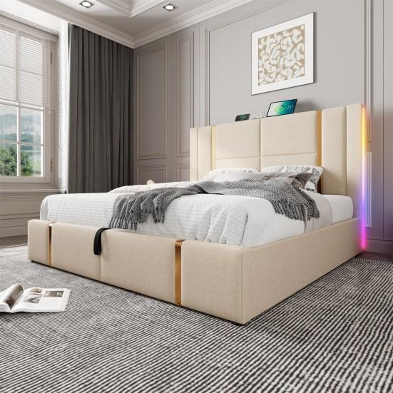 Linen Cover Charging Function Bed with Storage Space Mattress Headboard App Control Strong Wood Slat Support Bed Bedroom Furniture