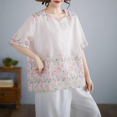 Short Sleeve Oversized Cotton Vintage Floral Casual Loose T Shirt Tops Women Summer T-shirt