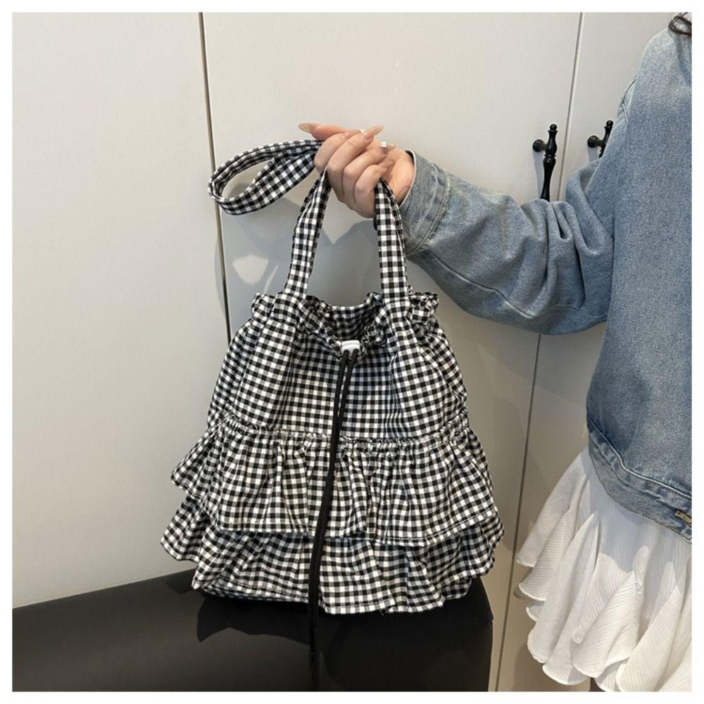 Fashion Drawstring Bag Large Capacity Plaid Tote Bag All-match Lotus Leaf Shoulder Bag  Storage Bag