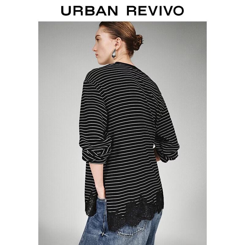 UR 2026 Women's Patchwork Lace Stripe Long Sleeve T-Shirt