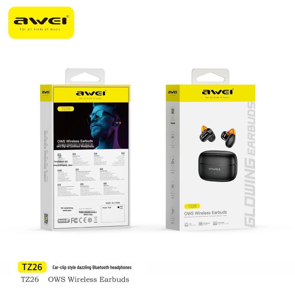 Awei Sports Bluetooth Ear-Clip Earphones with Cloud-Sensation Silicone for Long-Wear Comfort and Painless Wireless Stereo.