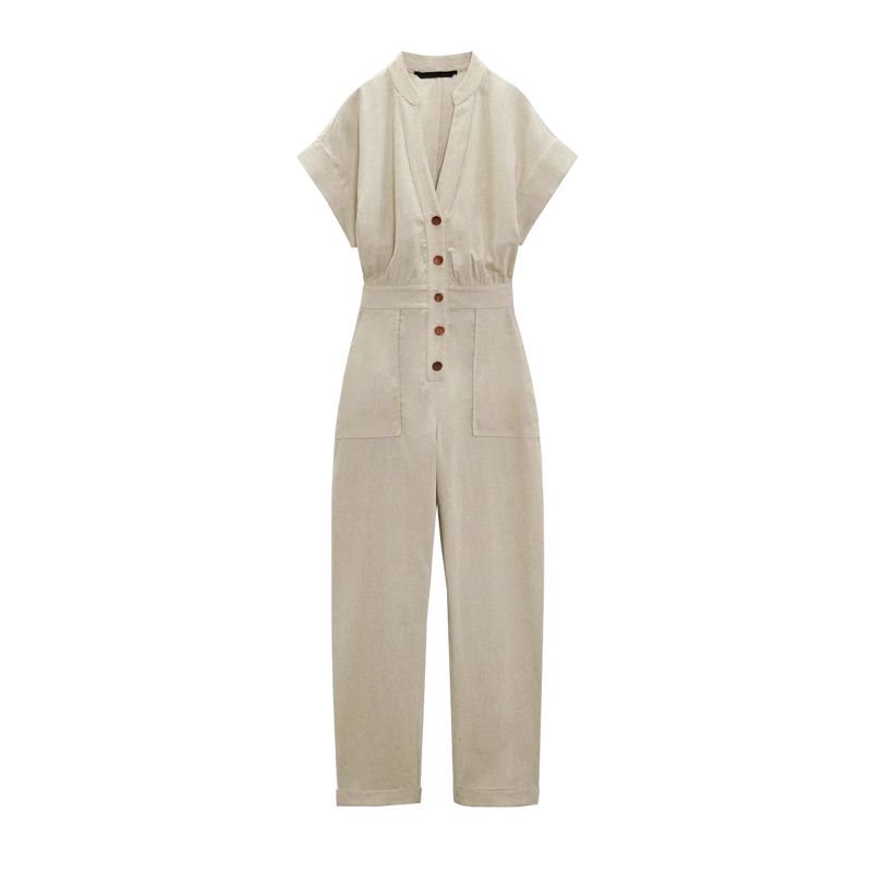 

Spring New Holiday Style Leisure V-neck Sleeveless Straight Long Linen Blend Jumpsuit 0387154 Light beige L