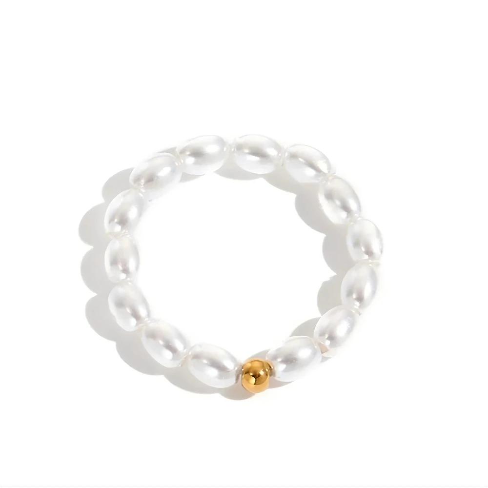 Mariasz Minimalist Dainty Five Simulated Pearls Stainless Steel Rings for Women Stackable Gold Knuckle Jewelry Waterproof