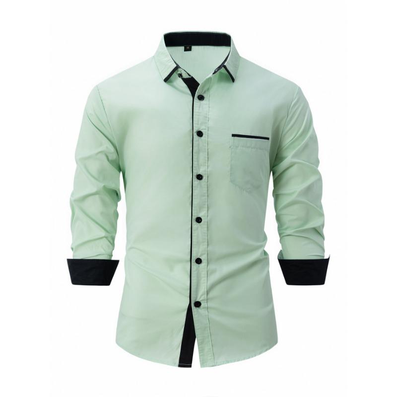 Mens Color Block Business Casual Long Sleeve Loose Fit Shirt