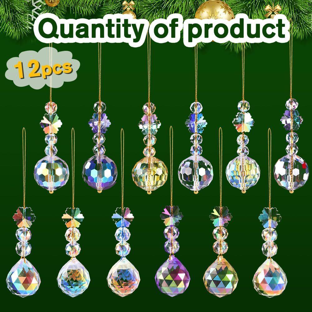12-Piece Christmas Crystal Ball Ornaments - Colorful Prism Glass Decorations for DIY Tree Crafting.