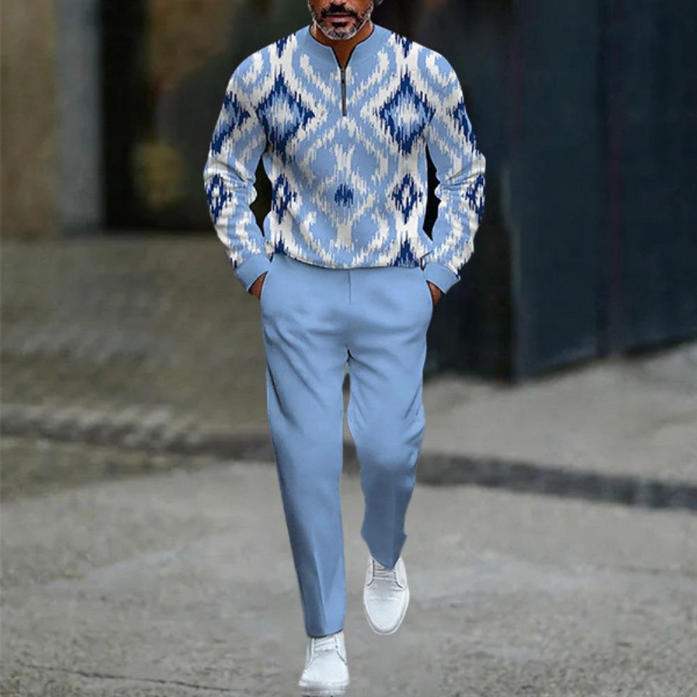 Spring Autumn 3D Printed Fashion Men's Long-Sleeved Sets Half-Zipper Stand-Up Collar Men's Casual Sportswear Two-Piece set