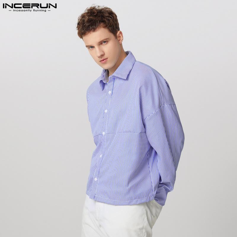 INCERUN Men Lapel Neck Long Sleeve Striped Casual Buttons Up Shirts