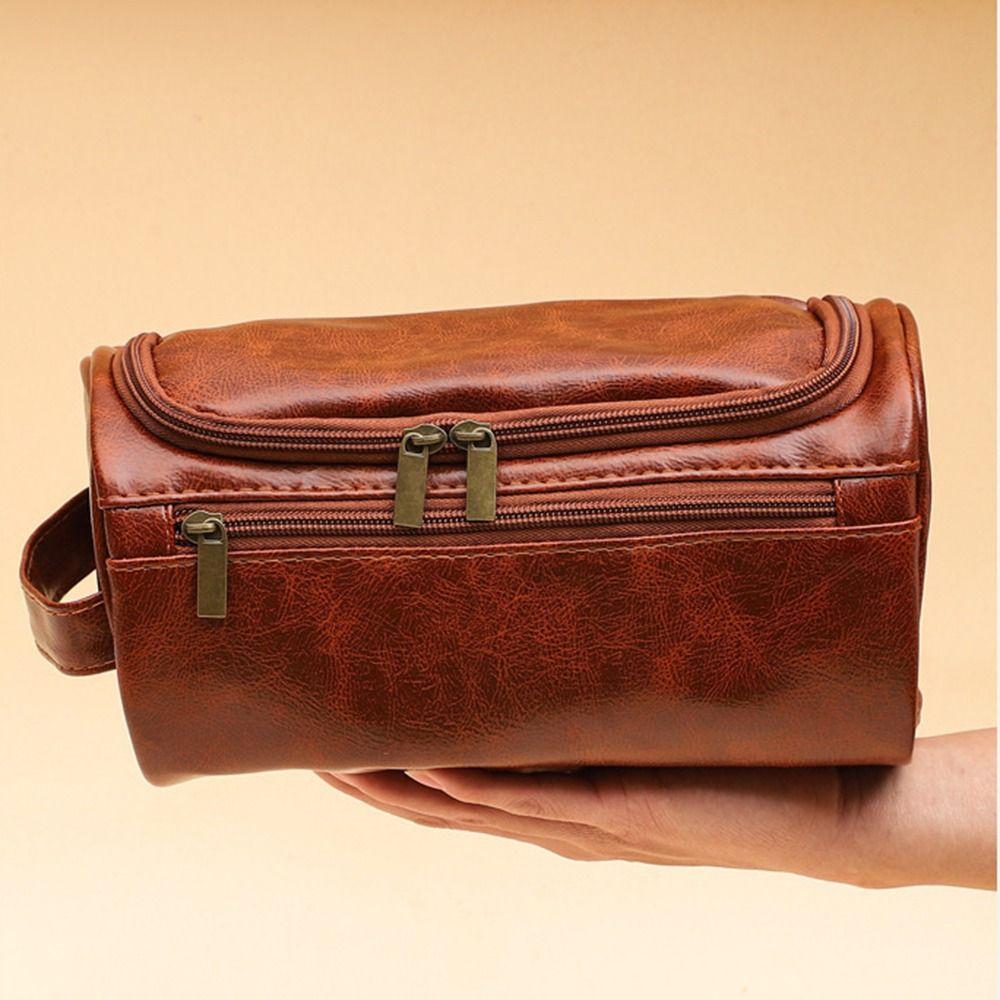 With Handle Men Toiletry Bag PU Leather Makeup Pouch Cosmetic Storage Bag  Bathroom