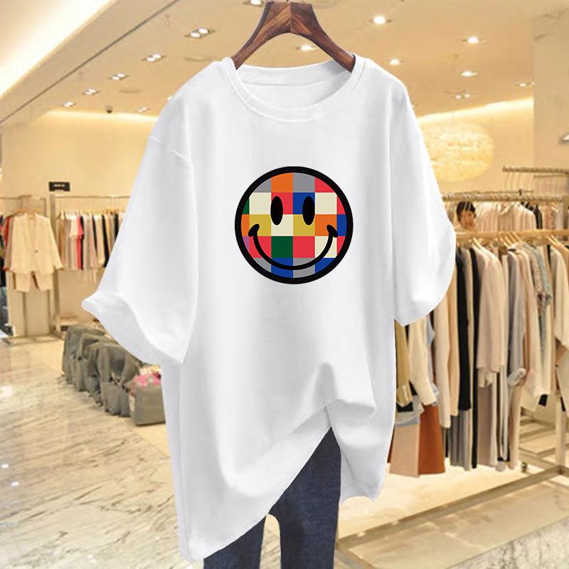 

Loose casual pure cotton smiley face printed t-shirt women s summer new loose white pure cotton short-sleeved top bottoming shirt S
