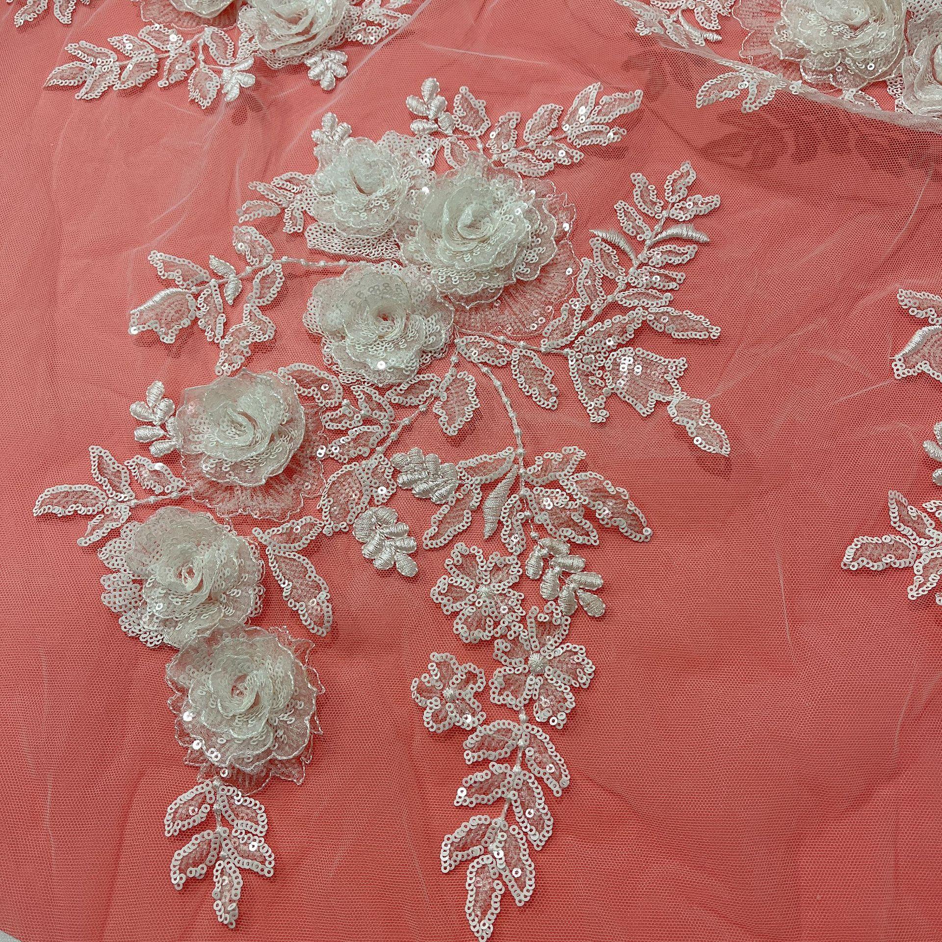 RYL Champagne Gold 3D Rose Sequin Lace Fabric Floral Embroidery Lace for Wedding Dress