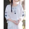 Womens Navy Blue Floral Embroidered Linen Blouse Casual Round Neck Puff Sleeve Boho Top