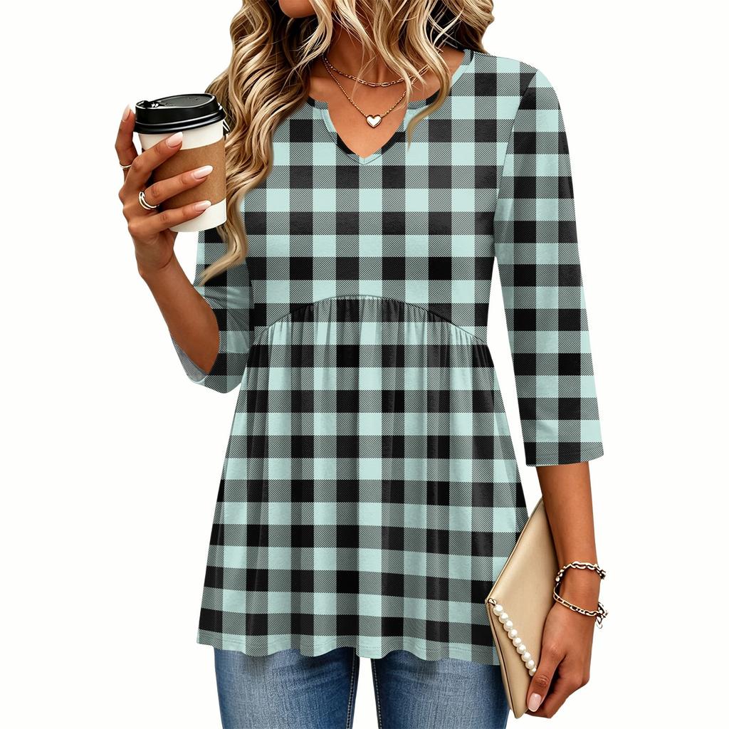 Women's Casual Plaid Print V-Neck Blouse with Three-Quarter Sleeves for Everyday Outfits