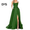 Evening Dress Spaghetti Strap High Slit Off Shoulder Backless Sleeveless Side Pockets A-line Floor Length Satin Pure Color Prom Banquet Party Maxi
