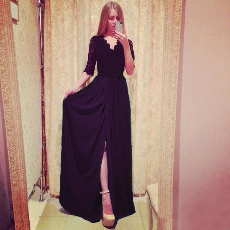 

Autumn and winter new European and American fashion sexy bandage splicing dress medium sleeve maxi side split dress S чёрный