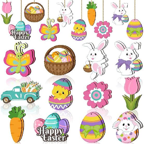 Qunclay 24 Spring Easter Wooden Decorations Flower Bunny Egg Hanging Tag for Tree Easter Wooden Decoration with Rope Hanging Ornament for Party Home Rabbit Egg Drop