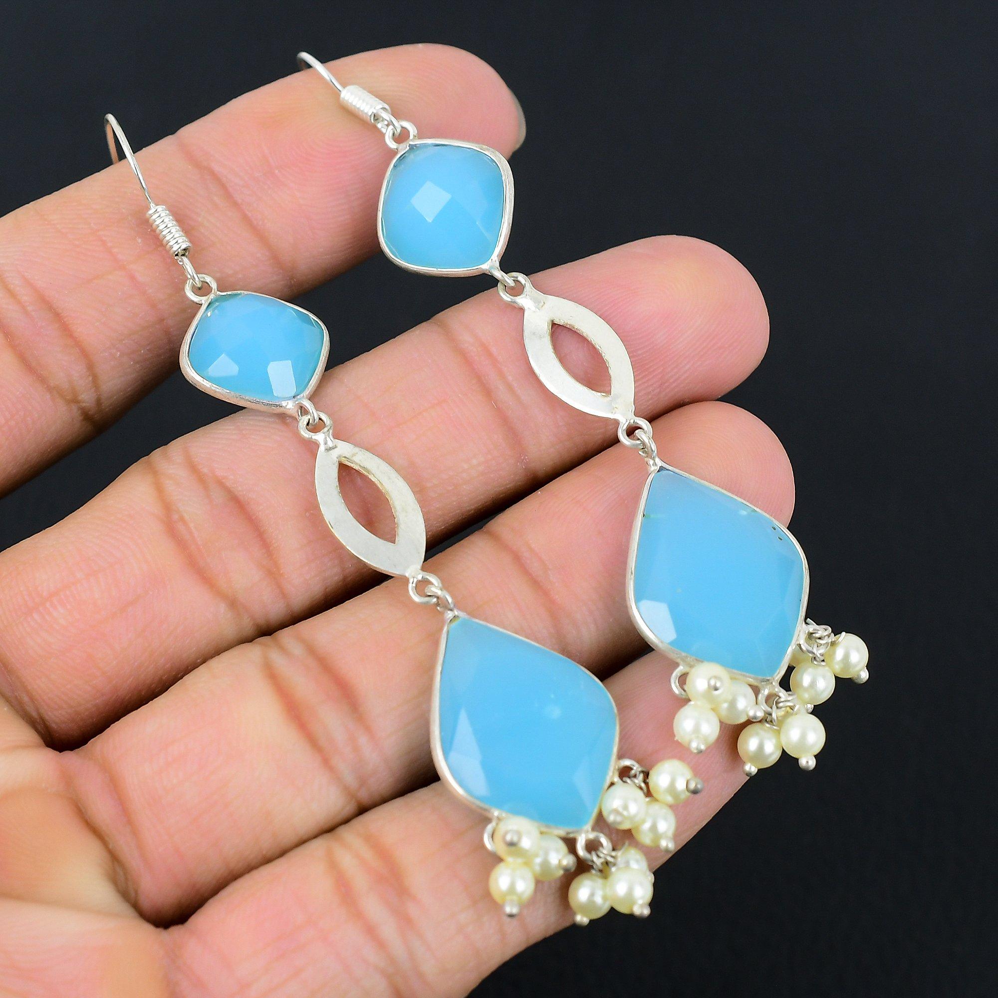 

Серьги-крючки из стерлингового серебра с подвесками из камня аквахалцедона, этнические, для жены