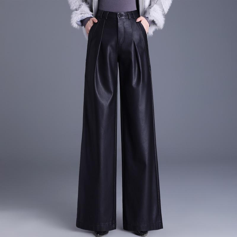 

2025 Haining Women s High-Waist Genuine Sheepskin Leather Wide-Leg Pants XL чорний