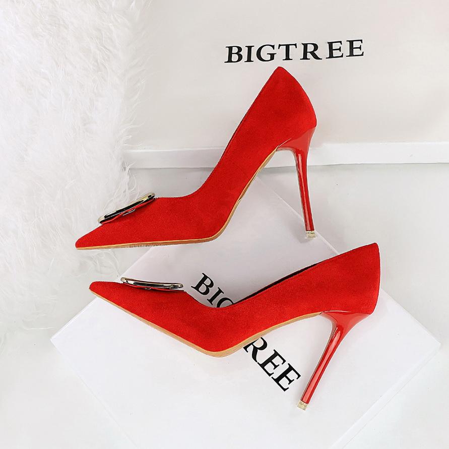 Dámské boty s úpravou chodidla pro zeštíhlení, Super vysoké podpatky, Semiš, Mělký výkroj, Špičatá kovová spona s kamínky, Lodičky na vysokém podpatku