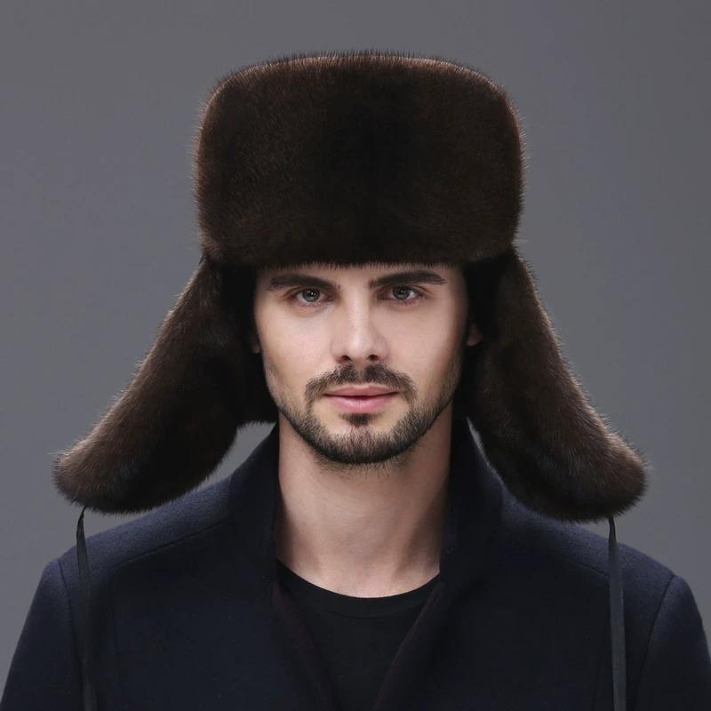 

Шапка из норки Cheney Fox для мужчин среднего и пожилого возраста, теплая для улицы зимой, кожаная защита ушей, шапка из цельного меха норки XL（61cm） светло-коричневого