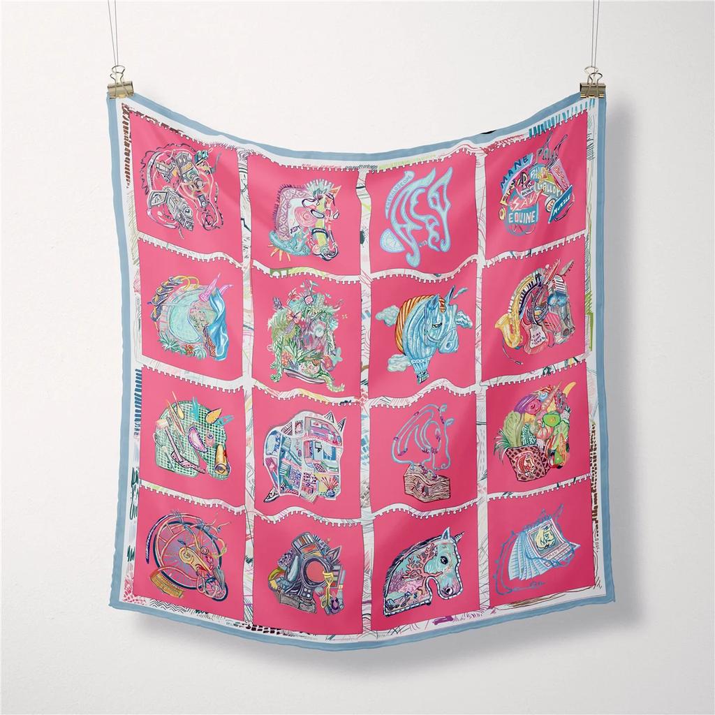 53cm Brand Design Horsehead Small Square Scarf Woman Fashion Twill Silk Scarf Luxury Bandana Headband Hijab Foulard Neckerchief