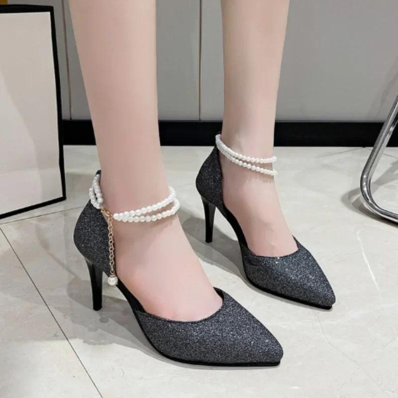 Fashion Women Cute Sweet Black Shining High Heel Shoes Lady Fashion Comfortable Slip On Silver High Heel Pumps Femmes Hauts Talons
