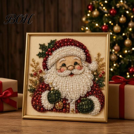 Art with Finished Frame DIY Christmas Faux Pearl Painting Kit Frame, Santa Decorative Wall Making Beads Craft for Adults Beginner, Handmade