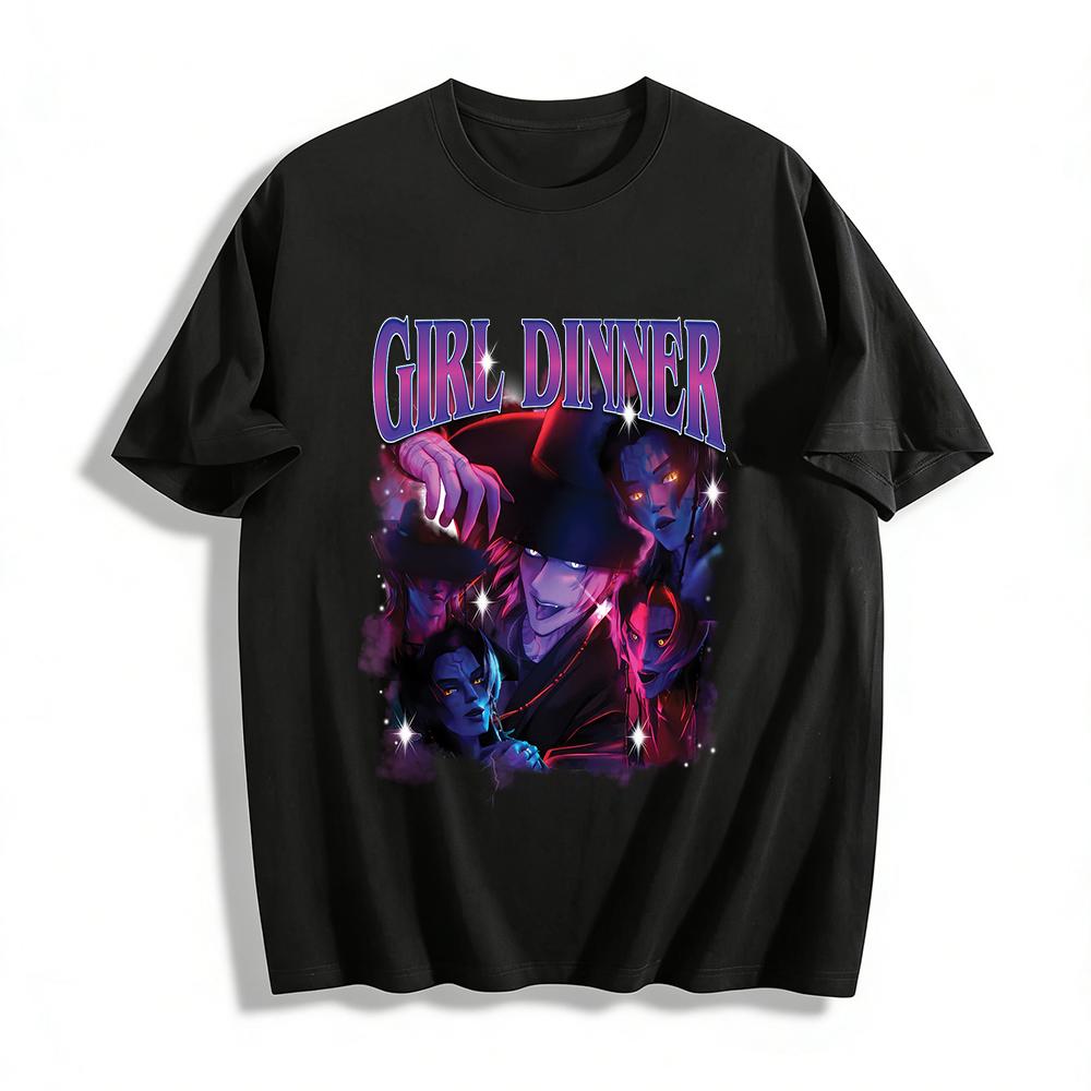 Vintage Gothic Girl Dinner Graphic Tee, Trendy Dark Fantasy Character Casual Top Pure cotton T-shirt XXS