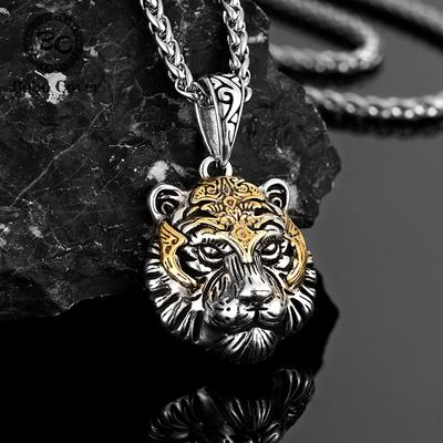 Retro Punk Mix Gold Tiger Head Necklace Men Antique Silver Plated Copper Pendant Domineering Lucky Amulet Jewelry Cool Male Gift